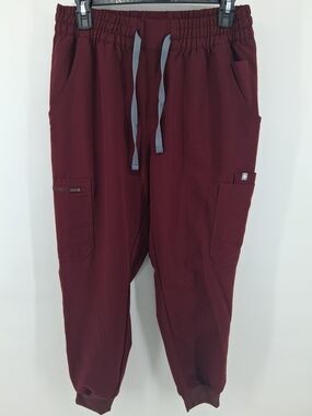 Figs Womens Maroon Cargo Joggers with Gray Drawstring